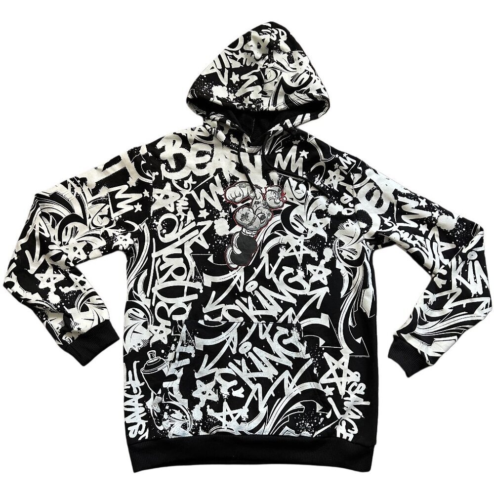 Popeye All Over Print Graphic Hoodie Black White Red Sweatshirt Size Large
